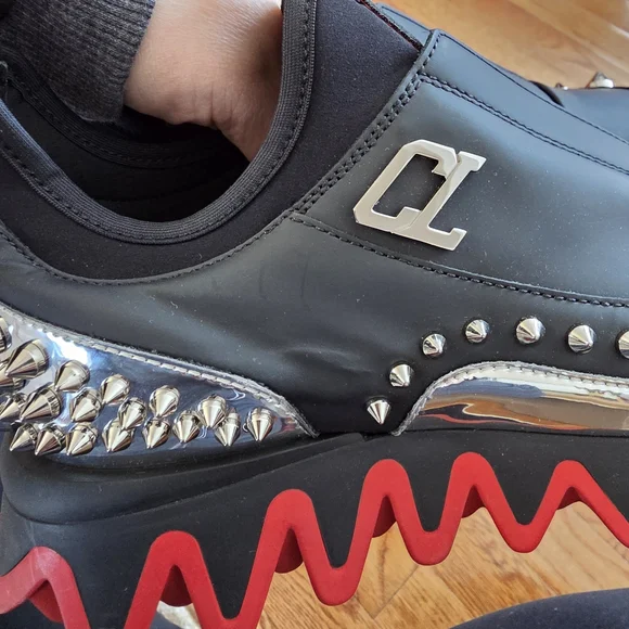 Christian Louboutin Black Sneakers with Red Soles and Silver Spikes - Picture 11 of 12